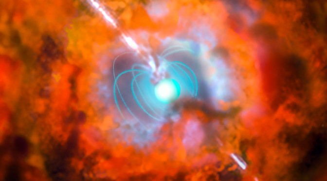 This artist’s impression shows a supernova and associated gamma-ray burst driven by a rapidly spinning neutron star with a very strong magnetic field — an exotic object known as a magnetar. Observations from ESO’s La Silla and Paranal Observatories in Chile have for the first time demonstrated a link between a very long-lasting burst of gamma rays and an unusually bright supernova explosion. The results show that the supernova following the burst GRB 111209A was not driven by radioactive decay, as expected, but was instead powered by the decaying super-strong magnetic fields around a magnetar.